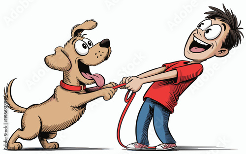 Cartoon Dog Pulling Leash with Energetic Boy in Outdoor Tug-of-War Scene,  Animated Pet and Child Playfully Struggling on Walk,  Humorous Family Graphic for Veterinary, Training, Lifestyle Products, H