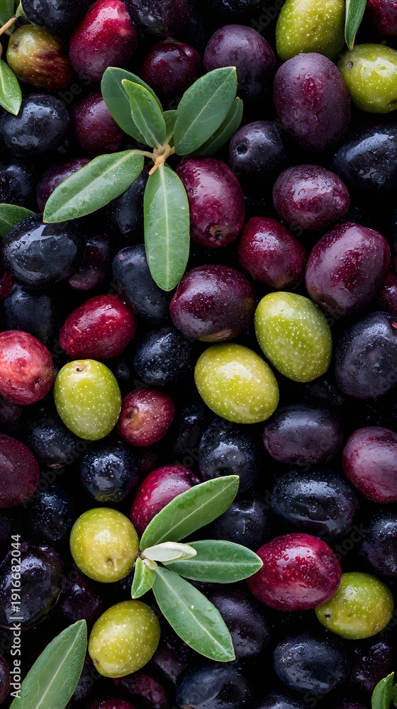 Obraz premium Fresh Olive Assortment with Leaves: Close-Up, Vibrant Colors