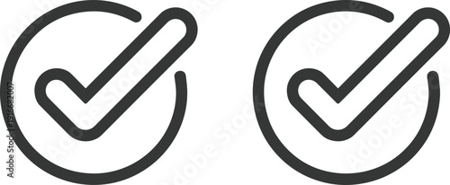 Modern vector graphic featuring dual checkmark icons, thin line and bold style, enclosed in circles, representing successful task completion, validation, and approval on a minimalist white canvas.