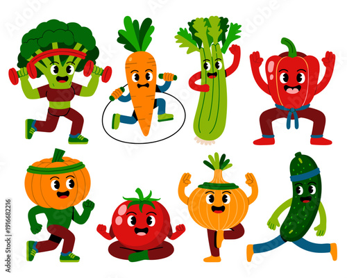 Cartoon Vegetables Exercising in Fun Fitness Graphic: Healthy Lifestyle Motivation with Broccoli Weightlifting, Carrot Skipping, Celery Power Walking, Pepper Squats, & Pumpkin Running for Kids Nutriti