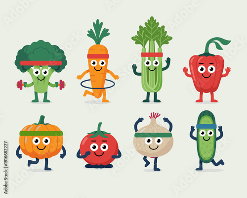 Cartoon Vegetables Exercising Together: Healthy Food Cartoon Characters Engaging in Fitness Activities, Promoting Nutrition and Wellness, Illustrating a Vegetarian Lifestyle, Cute Animation, Promoting