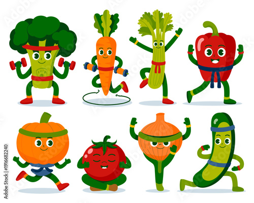 Healthy Cartoon Vegetables Exercising: Broccoli Lifting Weights, Carrot Jumping Rope, Celery Dancing, Pepper Running with Belt, Pumpkin Jogging, Tomato Meditating, Onion Balancing, Cucumber Lunging -