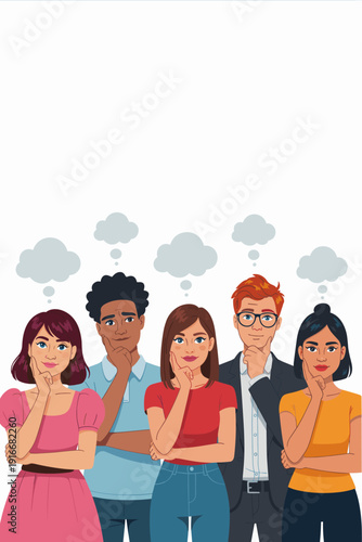 Diverse Group Pondering Solutions in a Meeting: Team Thinking Together Striving for Innovation Brainstorming Ideas to Solve Complex Problems for Business Growth in a Workplace Scenario Flat Vector Sty