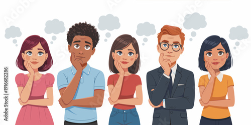 Diverse People Thinking and Contemplating Together: Brainstorming Ideas in a Cartoon Style Illustration, Reflecting on Solutions, Strategies & Innovation Within a Team. Ideal for Education, Business a