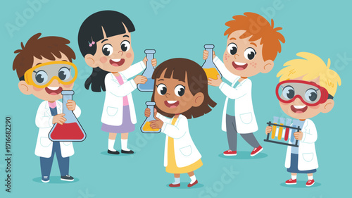 Excited Kids Experimenting in Science Lab: Children Chemistry Students Holding Beakers with Colorful Liquids, Conducting Scientific Experiment, Wearing White Coats and Goggles in School Classroom, Ill