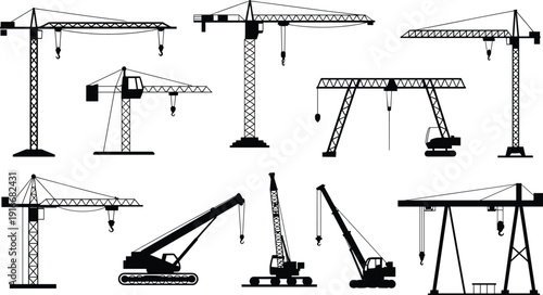 Construction crane silhouettes collection showing tower cranes, mobile cranes, and lifting machinery for industrial building, engineering projects, and infrastructure development concepts