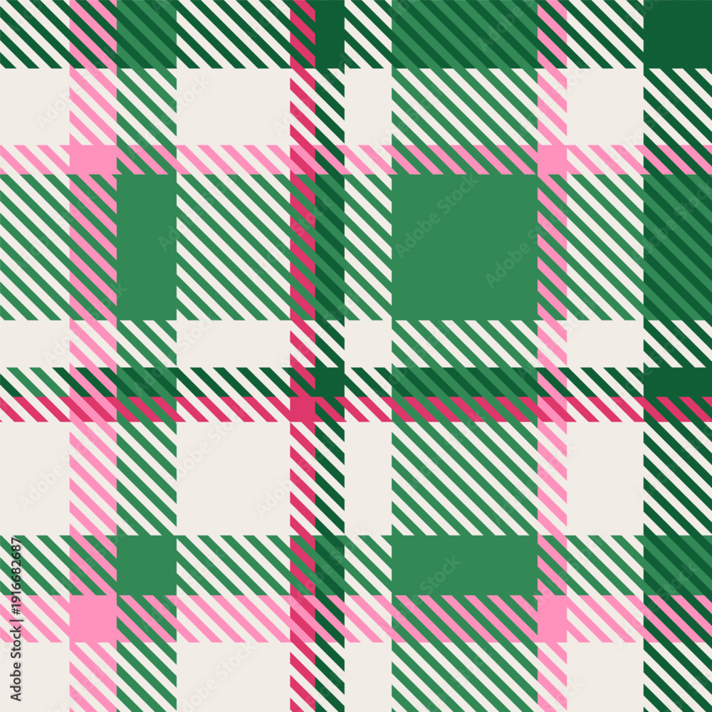 Obraz premium Seamless plaid pattern in emerald green and pink. Modern preppy tartan check background.