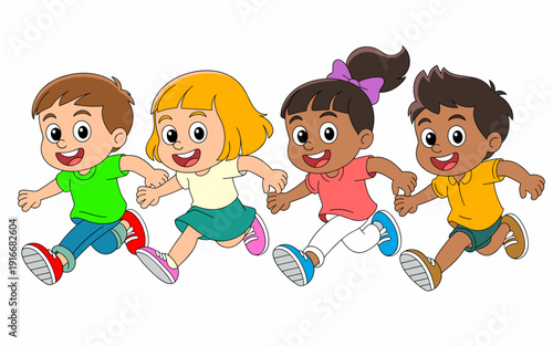 Happy Children Running Together in Playful Exuberance in a Digital Illustration Style, Depicting Childhood Fun and Friendship for Educational, Advertising, and Family-Oriented Projects, Featuring Dive