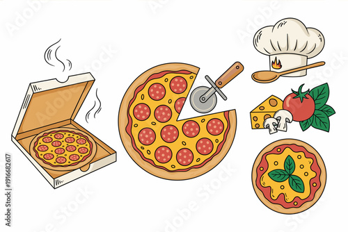 Delicious Pizza Making: Fresh Ingredients & Slices, Pizza in a Box Ready to Go!  Cooking Concept for Food Blog, Restaurant Menu & Culinary Education - Italian Cuisine,  Fun Style for Takeout, Catering