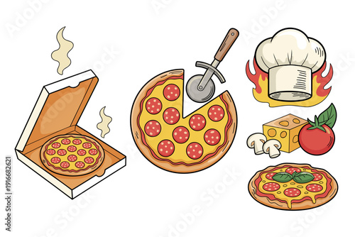 Delicious Pizza Preparation: Cartoon Style Italian Food Illustration with Fresh Ingredients and Chefs Hat, Ready for Delivery, Offering Comfort Food Experience in Pizza Box, Restaurant Menu Graphic, D