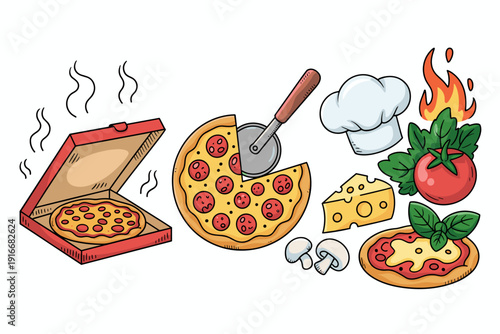 Fresh Pizza Preparation and Serving: A vibrant cartoon illustration featuring a pepperoni pizza in a box, freshly sliced pizza, chef's hat and ingredients reflecting Italian cuisine and culinary arts;