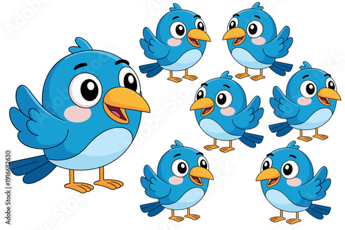 Cheerful Bluebirds Fluttering Around Together on a Sunny Day, Happy Avian Family Gathering, Cartoon Style Mascot Characters for Children's Books, Educational Materials, Animated Explainer Videos, and
