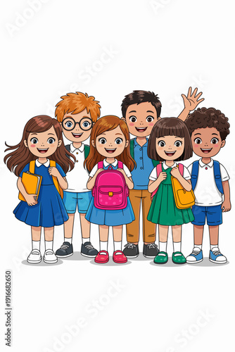 Group of Cheerful Students Ready for School: Smiling Children Posing with Backpacks and Books on White Background, Education Concept, Kids Excited for Learning, Cartoon Illustration, Vector Design, Sc