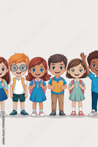 Diverse Elementary School Students Smiling and Waving, Standing in a Row with Backpacks and Books, Ready for Learning in a Classroom Setting, Back to School Illustration Style, Children's Education, C