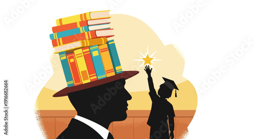 Silhouette of a man with books on his hat reaching for a star.
