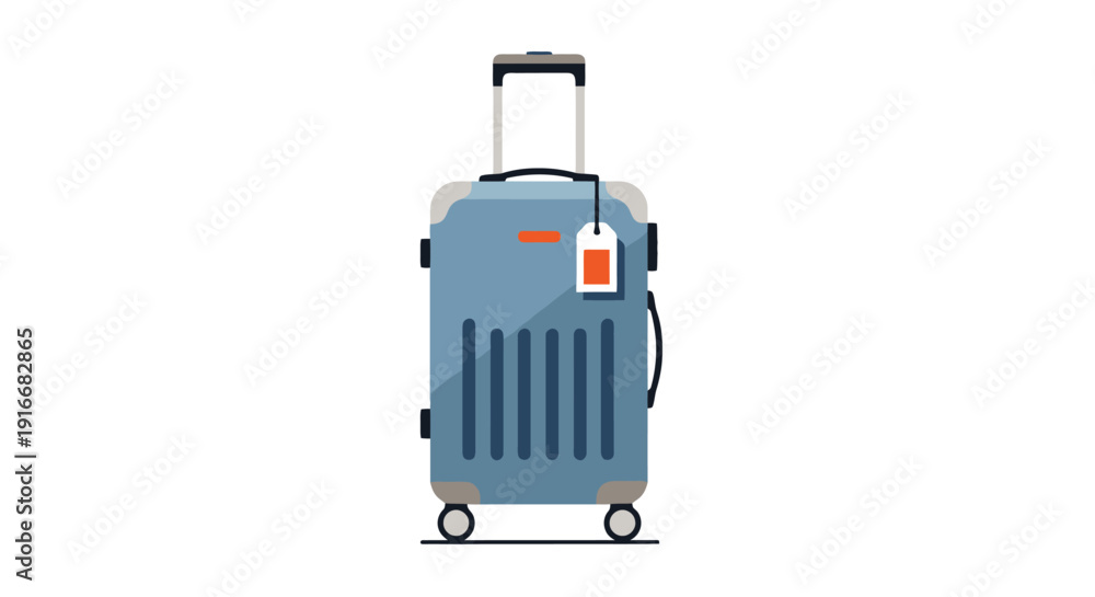 Naklejka premium Blue suitcase with tag and handle on wheels standing alone