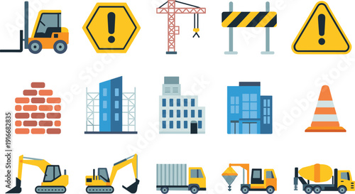 Construction Machinery and Safety Icon Set Featuring Crane, Excavator, Forklift, Barrier, Buildings and Warning Signs in Flat Vector Style
