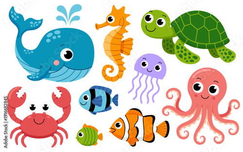 Adorable Sea Creatures Collection Swimming in the Ocean: Engaging Kids with Cute Cartoon Whale, Turtle, Fish, Octopus, Crab, and Seahorse Illustrations, Perfect for Children's Books, Party Invitations
