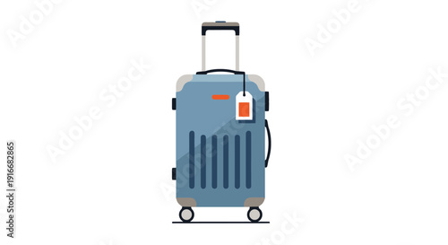 Blue suitcase with tag and handle on wheels standing alone