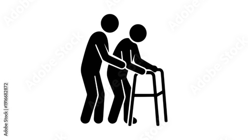 Silhouette of Elderly Man Helping Woman with Walker