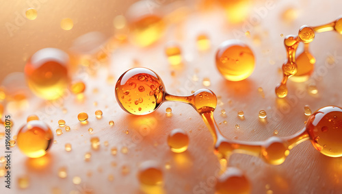 Transparent retinol molecules with orange glowon skin cosmetic chemistry, background for skincare products, biotechnology applications, anti-age cosmetics, serum, cream