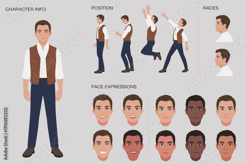 Character Design Template: Diverse Man Demonstrates Actions and Emotions in Varied Poses on Grey Background. Editable Avatar for Animation, Modeling, and Game Development. Suitable for Educational, Bu