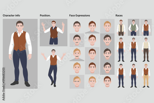 Character Design Asset: Male Avatar Person Demonstrating Facial Expressions and Poses for Video Game Development & Animation in a Design Mockup Template, Showing Diversity in Features and Skin Tone, f
