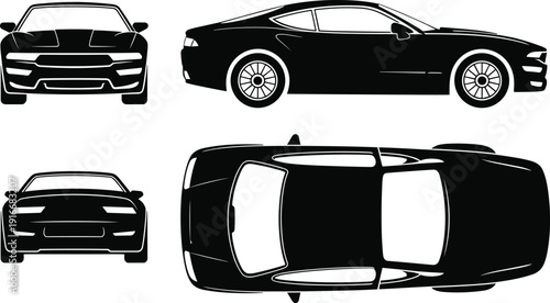 Sport car silhouette collection with front, side and top views isolated on white background vector illustration automotive design template set