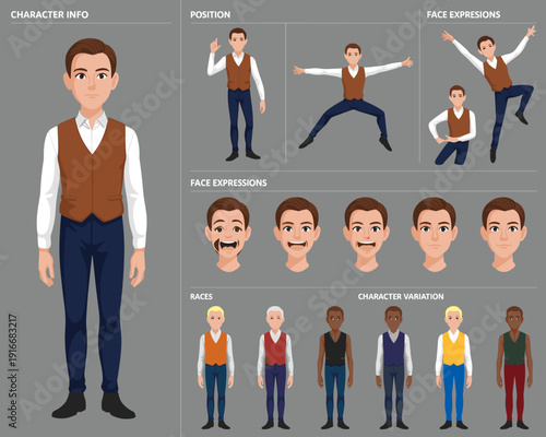 Character Design Sheet with Animated Man Demonstrating Various Activities and Emotions on a Gray Background, a Vector Illustration for Virtual Assistant Use, Educational Material, Animation, and User