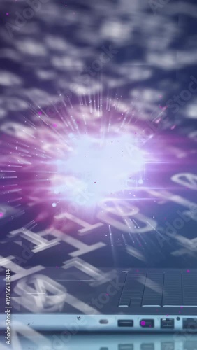 Vertical video: Hands entering left typing laptop keys sparking code forming pulsing data globe