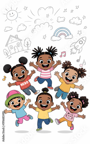 Cheerful Kids Playing Outdoors on Sunny Day Illustration: Happy Children Having Fun, Jumping, Smiling in Colorful Scene with Hand-Drawn Rainbow, Clouds, Stars; Childhood Joy for Educational Materials,