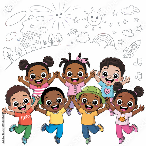 Group of Cheerful Children Jumping and Playing Outdoors in Colorful Clothes, Kids Having Fun in a Park with Cartoon Sun, Rainbow, Trees and Space Rocket – Happy Childhood, Summer, Joyful Friends, Dive