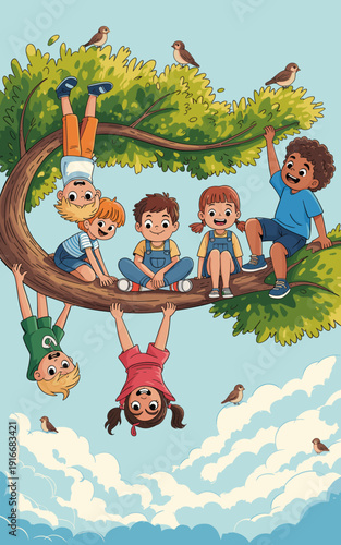 Playful Children Having Fun in a Tree: Cartoon Vector Illustration of Kids Climbing, Chatting, Playing Together in Nature on a Sunny Day, Childhood Friendship and Adventure for Educational and Youth P