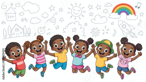 Joyful Children Jumping with Excitement in a Playful Background with Doodle Art, Expressing Fun, Education, & Happiness in Early Childhood, Playtime Adventures Featuring Diverse Kids, Cartoon Style Il