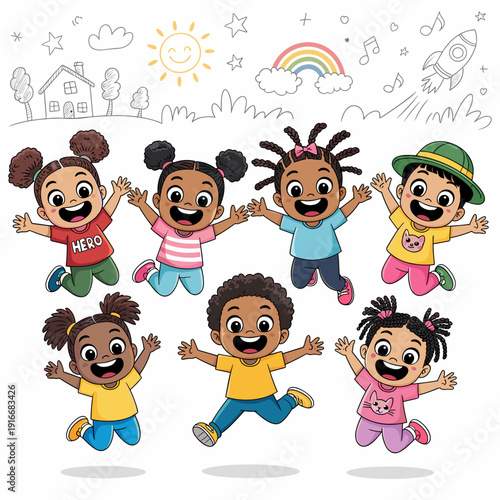 Enthusiastic Multiethnic Children Jumping with Joy in a Playful Creative Scene, Representing Childhood Happiness and Diversity, Fun Activity for Kids, Inclusive Education, School, Kindergarten, Hand-D
