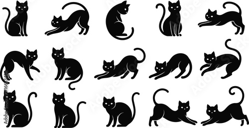 Cat silhouette illustration set, fifteen black feline poses including sitting, stretching, walking, playing, vector artwork for animal, nature, design motif