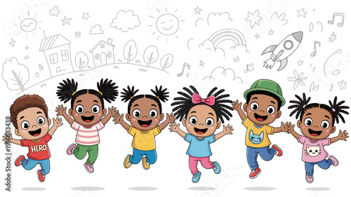 Diverse Children Jumping with Joy in a Cartoon Landscape: Expressing Happiness and Friendship in an Animated World for Educational Materials and Children's Products Illustration Featuring Kids Having