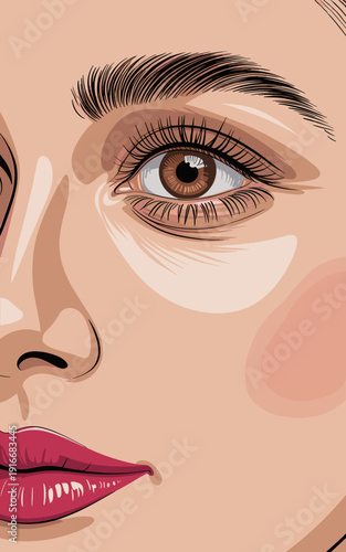 Close-Up Portrait Illustration Featuring Detailed Eye, Realistic Lashes and Brows, and Glossy Lips in Natural Skin Tones, Representing Beauty, Femininity, and Makeup Artistry for Fashion, Cosmetics, a
