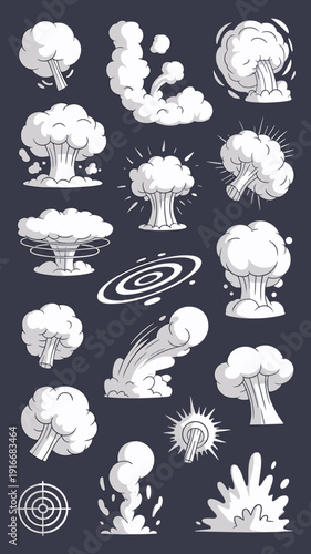 Cartoon Explosions Set: Atomic Bombs Going Off in Retro Style, Comic Book Effects, Weaponry Illustrations for Action Scenes, Game Design and Graphic Novels, Danger Icons, Powerful Comic Book War Visua