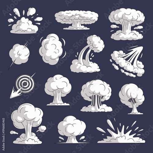 Cartoon Explosion Set: Comic Book Blast Elements, Smoke Clouds in Action Style, Boom Effects, Energy Burst, Vapor, Dynamic Motion for Creative Projects. Vector Animation Resources, Visual Effects, Des