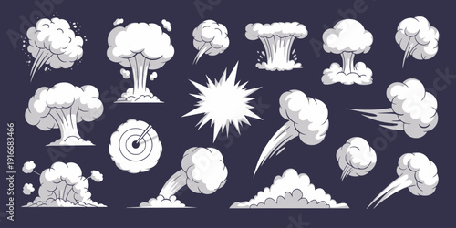Cartoon Explosion Elements: A Collection of Animated Cloud Bursts, Comic Book Style Blasts, and Smoke Effects Isolated on Dark Backgrounds Illustrating Dynamic Energy, Dramatic Impact, and Action Sequ