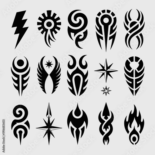 Tribal Tattoo Designs Collection: Black and White Ornate Body Art Motifs for Custom Graphic Elements ,Symbolic Ornamentation,Mystical Iconography, Polynesian Stylized Decorative Graphics, Maori Inspir
