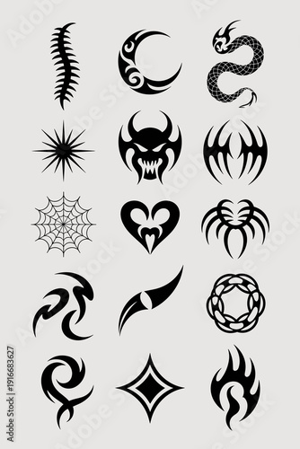 Tribal Tattoo Designs Collection for Body Art: Geometric Shapes, Celestial Crescent, Spine, Snake Motifs - Black Ink Set for Tattoo Artists, Graphic Designers, and Cool Custom Decoration, Vector Art P