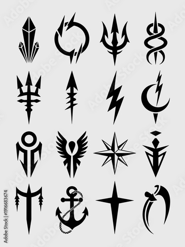 Collection of Black Graphic Symbols Designs: Geometric Illustrations, Minimalist Tattoo Elements for Logo Creation, Mysterious Markings for Occult Themes, Esoteric Icons,  Modern Emblems for Game Desi
