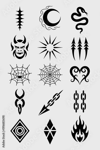 Set of Black Tattoo Tribal Designs: Assorted Geometric Shapes, Moon Phase, Gothic Snake, Spider Web Symbols for Body Art and Mystical Signs on White Background for Designs, Decoration, and Creative Pr