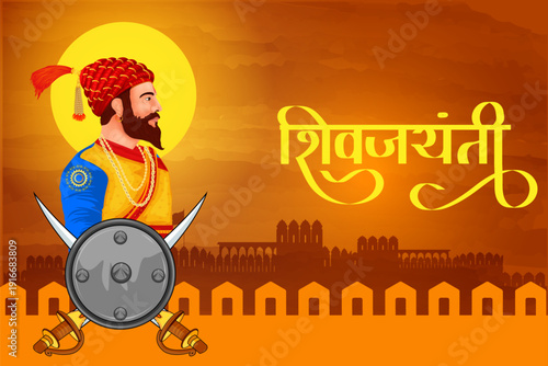 Emperor Shivaji, the great warrior of Maratha from Maharashtra India with text in Hindi meaning Chhatrapati Shivaji Maharaj