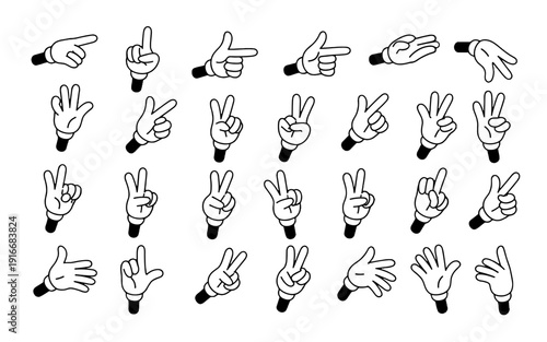 Animated Hands Gesturing on Black Background: Cartoon White Glove Hand Signs, Pointing Directions, Victory Peace, Counting Fingers, Open Palm Illustration for Graphic Design, Retro Comic, Vector Set,
