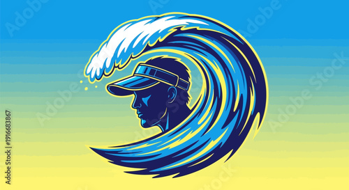 Man wearing cap inside a crashing wave illustration.