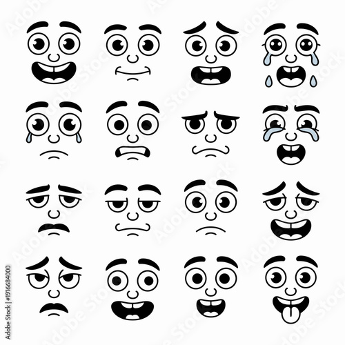 Cartoon Faces Expressing Emotions: Set of Comic Expressions Displaying Happiness, Sadness, Anger, and Surprise in Minimalist Black and White Style for Animation, Educational Resources and Character De