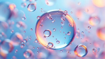 Hyaluronic acid molecules floating in vibrant liquid background for skincare and cosmetics industry, Hyaluronic acid skin solutions ad, collagen serum drops. cosmetics advertising background